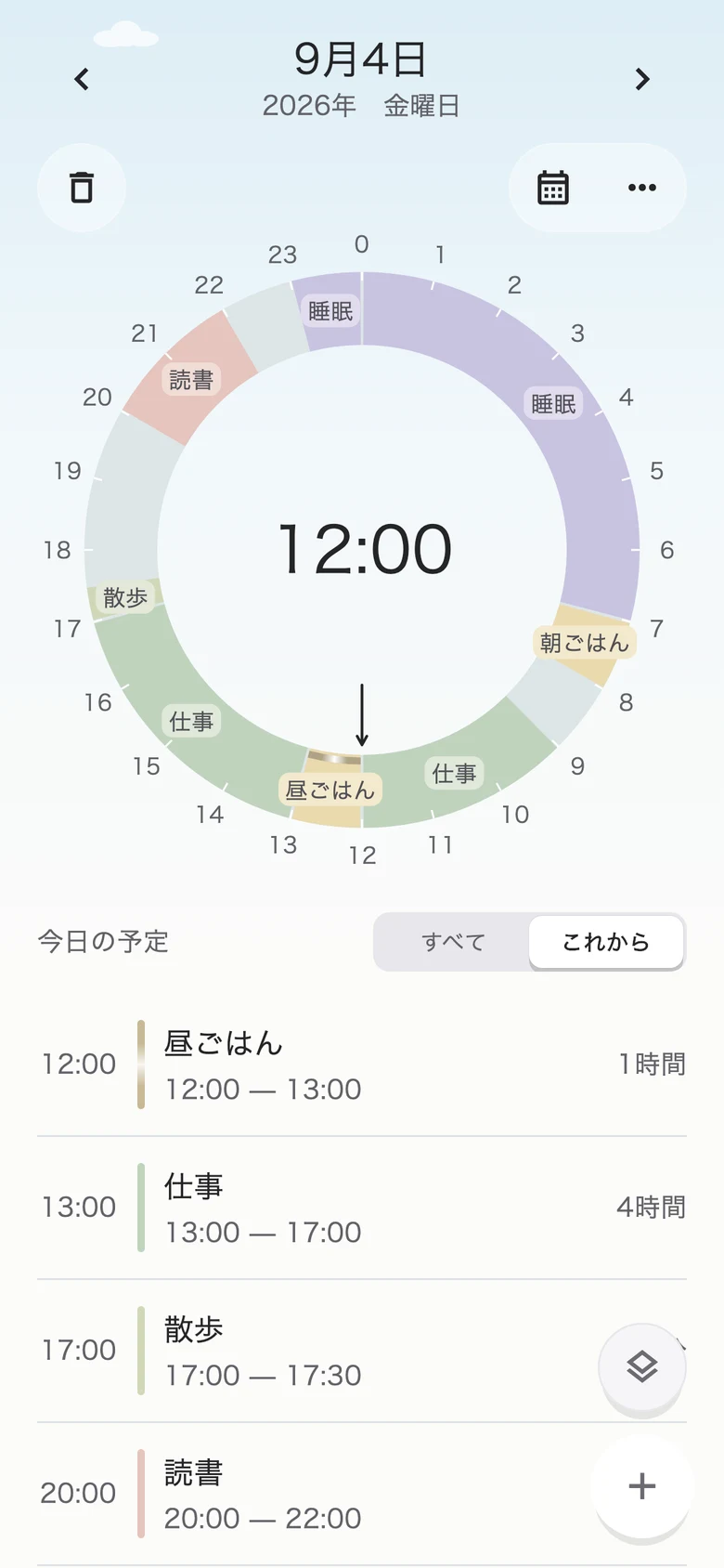 12:00の時間連動のホーム画面。すっきりとした空色を背景に、一日の予定を円で表示。