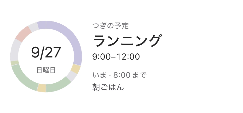大きい円の横長ウィジェット。今日の円と、次の予定の名前・時間を表示